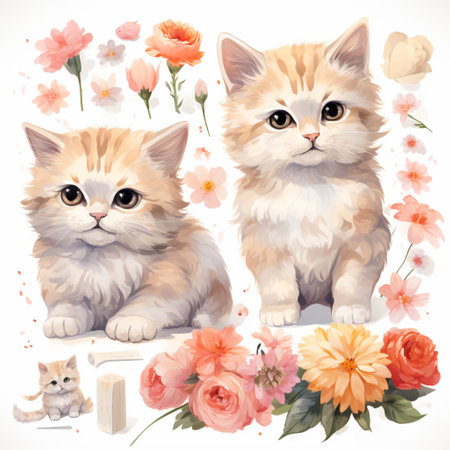 Adorable cat colorful design, painted with transparent watercolor, cuddly kitten, AI Generated.の素材