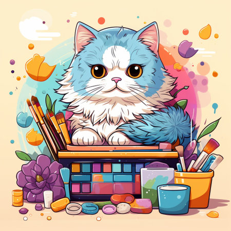 Adorable cat colorful design, painted with transparent watercolor, cuddly kitten, AI Generated.の素材