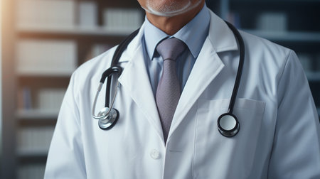 Medical doctor, cross arm, close - up on chest area, stethoscope, clinic, hospital room as background, AI Generated.の素材