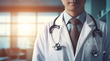 Medical doctor, cross arm, close - up on chest area, stethoscope, clinic, hospital room as background, AI Generated.の素材