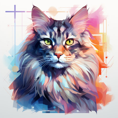 beautiful cat, maine coon, portrait design, photo realistic, painted with watercolor style, AI Generated.の素材