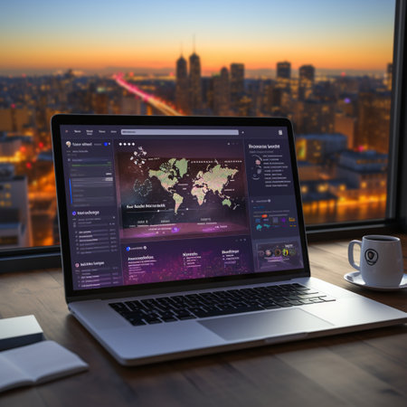 A sleek and modern laptop, with a metallic finish and a backlit keyboard, business professionals data on screen, AI Generated.の素材