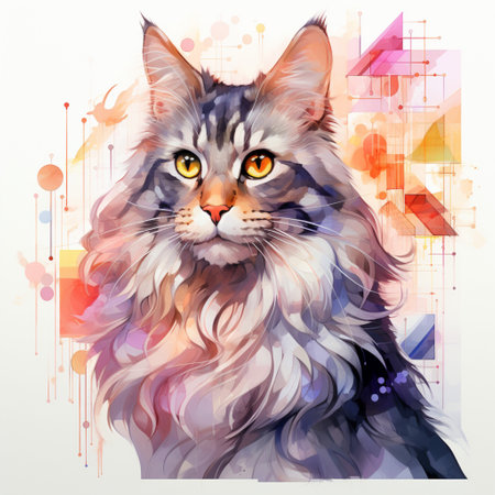 beautiful cat, maine coon, portrait design, photo realistic, painted with watercolor style, AI Generated.の素材