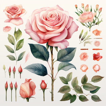 Flower, knolling items sheet, leaves, petals realistic, flat colors, cute simple design, bright soft color, painted with transparent watercolor, AI Generated.の素材