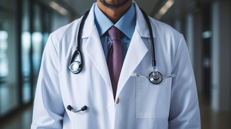 Medical doctor, cross arm, close - up on chest area, stethoscope, clinic, hospital room as background, AI Generated.の素材