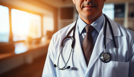 Medical doctor, cross arm, close - up on chest area, stethoscope, clinic, hospital room as background, AI Generated.の素材