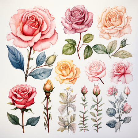 Flower, knolling items sheet, leaves, petals realistic, flat colors, cute simple design, bright soft color, painted with transparent watercolor, AI Generated.の素材