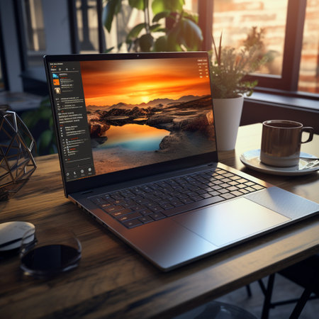 A sleek and modern laptop, with a metallic finish and a backlit keyboard, colorful landscape background on screen, AI Generated.の素材