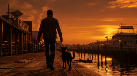 Photograph-silhouette of a man walking his dog on the pier, golden hour, AI Generated.の素材