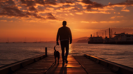 Photograph-silhouette of a man walking his dog on the pier, golden hour, AI Generated.の素材