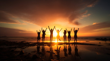 Photograph of group silhouette jumping up on the beach, golden hour, AI Generated.の素材