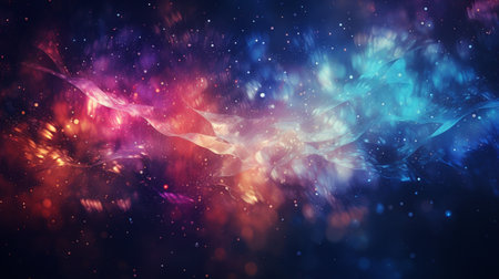 Abstract colorful glittering effect defocused design on dark background, shiny elegance fantasy bright color contrast with black concept.の素材