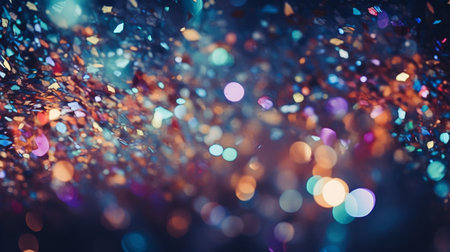 Abstract colorful glittering effect defocused design on dark background, shiny elegance fantasy bright color contrast with black concept.の素材