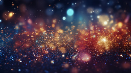 Abstract colorful glittering effect defocused design on dark background, shiny elegance fantasy bright color contrast with black concept.の素材