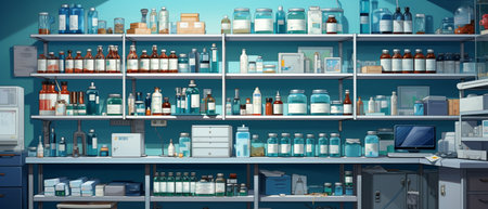 Modern Pharmacy Drugstore with Shelves full of Medicine, Drugs, Vitamin Boxes, pill, Supplements, Health Care Products.の素材