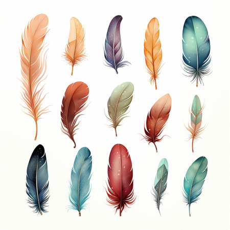Vector set of colorful feathers isolated on white background. Vector illustration.の素材
