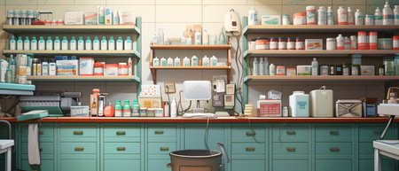 Modern Pharmacy Drugstore with Shelves full of Medicine, Drugs, Vitamin Boxes, pill, Supplements, Health Care Products.の素材