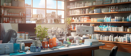 Modern Pharmacy Drugstore with Shelves full of Medicine, Drugs, Vitamin Boxes, pill, Supplements, Health Care Products.の素材