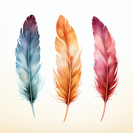Watercolor feather closeup isolated on background.の素材