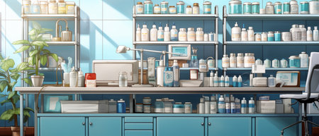 Modern Pharmacy Drugstore with Shelves full of Medicine, Drugs, Vitamin Boxes, pill, Supplements, Health Care Products.の素材