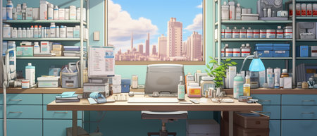 Modern Pharmacy Drugstore with Shelves full of Medicine, Drugs, Vitamin Boxes, pill, Supplements, Health Care Products.の素材