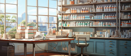 Modern Pharmacy Drugstore with Shelves full of Medicine, Drugs, Vitamin Boxes, pill, Supplements, Health Care Products.の素材