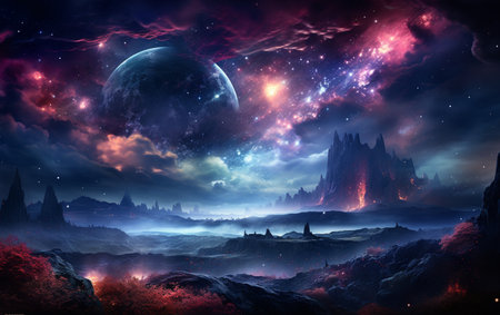 Nebula-shining stars and galaxies in space, Mysterious universe, Colorful cosmos with stardust and milky way, Magic color galaxy.の素材