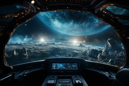 Futuristic Cockpit of spaceship control system room with planets view scenery, Outer space, astronaut. Planet horizon.の素材
