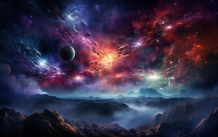 Nebula-shining stars and galaxies in space, Mysterious universe, Colorful cosmos with stardust and milky way, Magic color galaxy.の素材