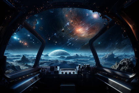 Futuristic Cockpit of spaceship control system room with planets view scenery, Outer space, astronaut. Planet horizon.の素材
