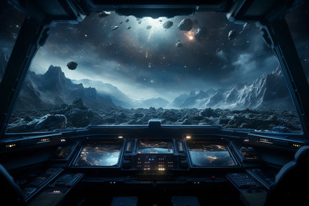 Futuristic Cockpit of spaceship control system room with planets view scenery, Outer space, astronaut. Planet horizon.の素材