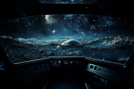 Futuristic Cockpit of spaceship control system room with planets view scenery, Outer space, astronaut. Planet horizon.の素材