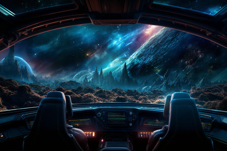 Futuristic Cockpit of spaceship control system room with planets view scenery, Outer space, astronaut. Planet horizon.の素材