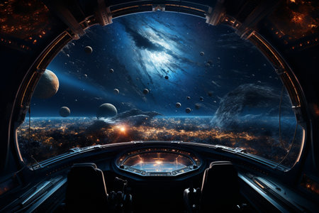 Futuristic Cockpit of spaceship control system room with planets view scenery, Outer space, astronaut. Planet horizon.の素材