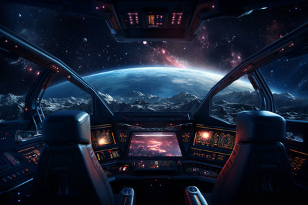 Futuristic Cockpit of spaceship control system room with planets view scenery, Outer space, astronaut. Planet horizon.の素材