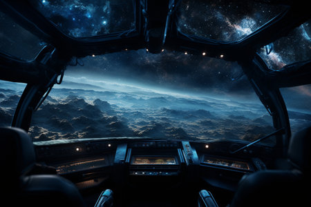 Futuristic Cockpit of spaceship control system room with planets view scenery, Outer space, astronaut. Planet horizon.の素材