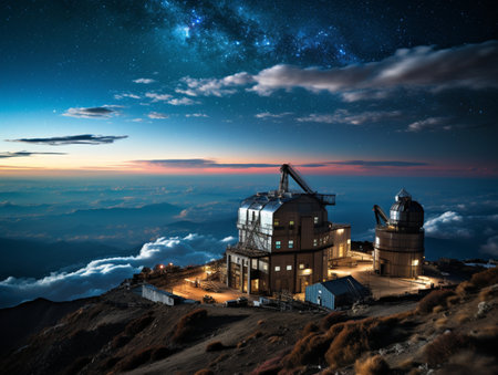 Astronomical Observatory-planetarium under night sky, star trails, milky way.の素材