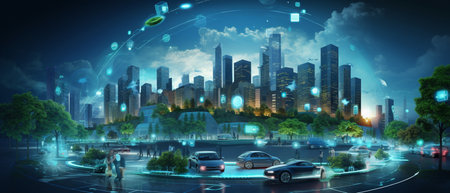 Smart city Futuristic cityscape with light trails connect with wave line creative design, big data connection technology concept, Digital skyline.の素材