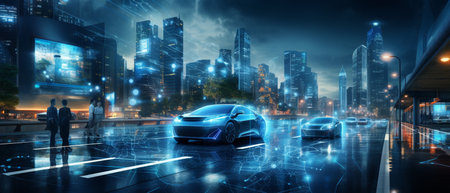 Smart city Futuristic cityscape with light trails connect with wave line creative design, big data connection technology concept, Digital skyline.の素材