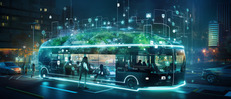 Smart city Futuristic cityscape with light trails connect with wave line creative design, big data connection technology concept, Digital skyline.の素材