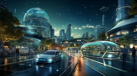 Smart city Futuristic cityscape with light trails connect with wave line creative design, big data connection technology concept, Digital skyline.の素材