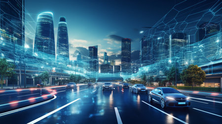 Smart city Futuristic cityscape with light trails connect with wave line creative design, big data connection technology concept, Digital skyline.の素材
