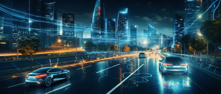 Smart city Futuristic cityscape with light trails connect with wave line creative design, big data connection technology concept, Digital skyline.の素材