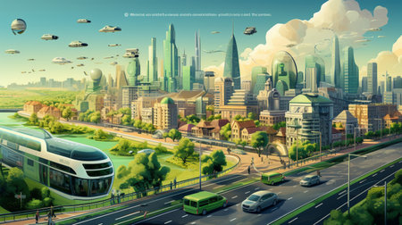 Smart city Futuristic cityscape with light trails connect with wave line creative design, big data connection technology concept, Digital skyline.の素材