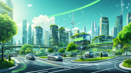 Smart city Futuristic cityscape with light trails connect with wave line creative design, big data connection technology concept, Digital skyline.の素材
