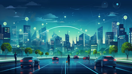 Smart city Futuristic cityscape with light trails connect with wave line creative design, big data connection technology concept, Digital skyline.の素材