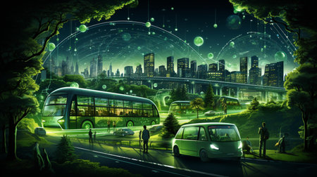 Smart city Futuristic cityscape with light trails connect with wave line creative design, big data connection technology concept, Digital skyline.の素材