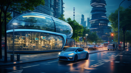 Smart city Futuristic cityscape with light trails connect with wave line creative design, big data connection technology concept, Digital skyline.の素材