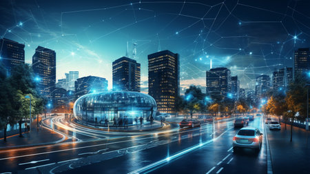 Smart city Futuristic cityscape with light trails connect with wave line creative design, big data connection technology concept, Digital skyline.の素材