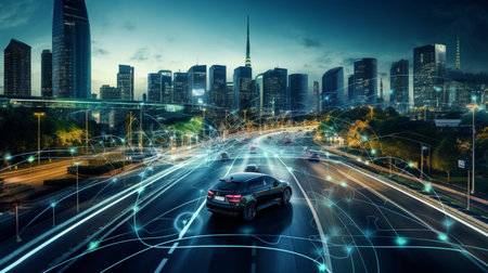 Smart city Futuristic cityscape with light trails connect with wave line creative design, big data connection technology concept, Digital skyline.の素材